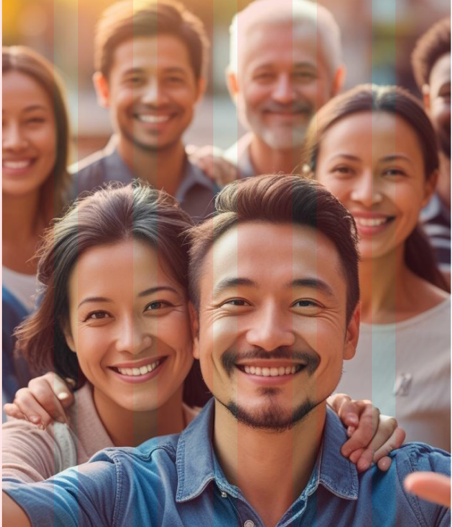 ensemble de personnes réunies en souriant