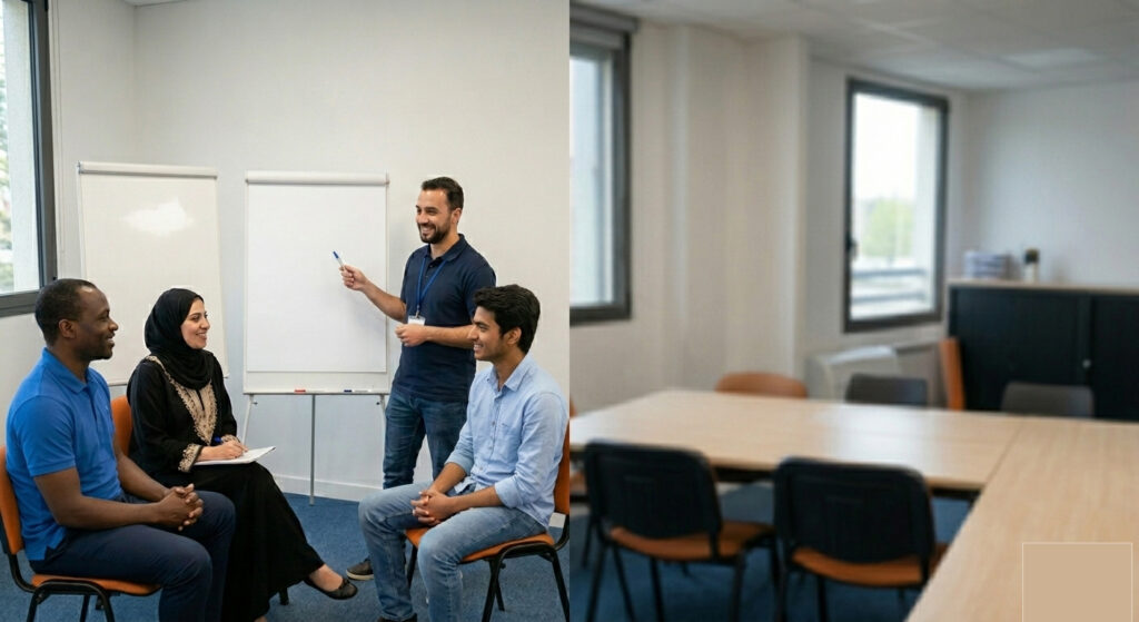 persone entrain de dispancer le cour de français à trois personnes assise